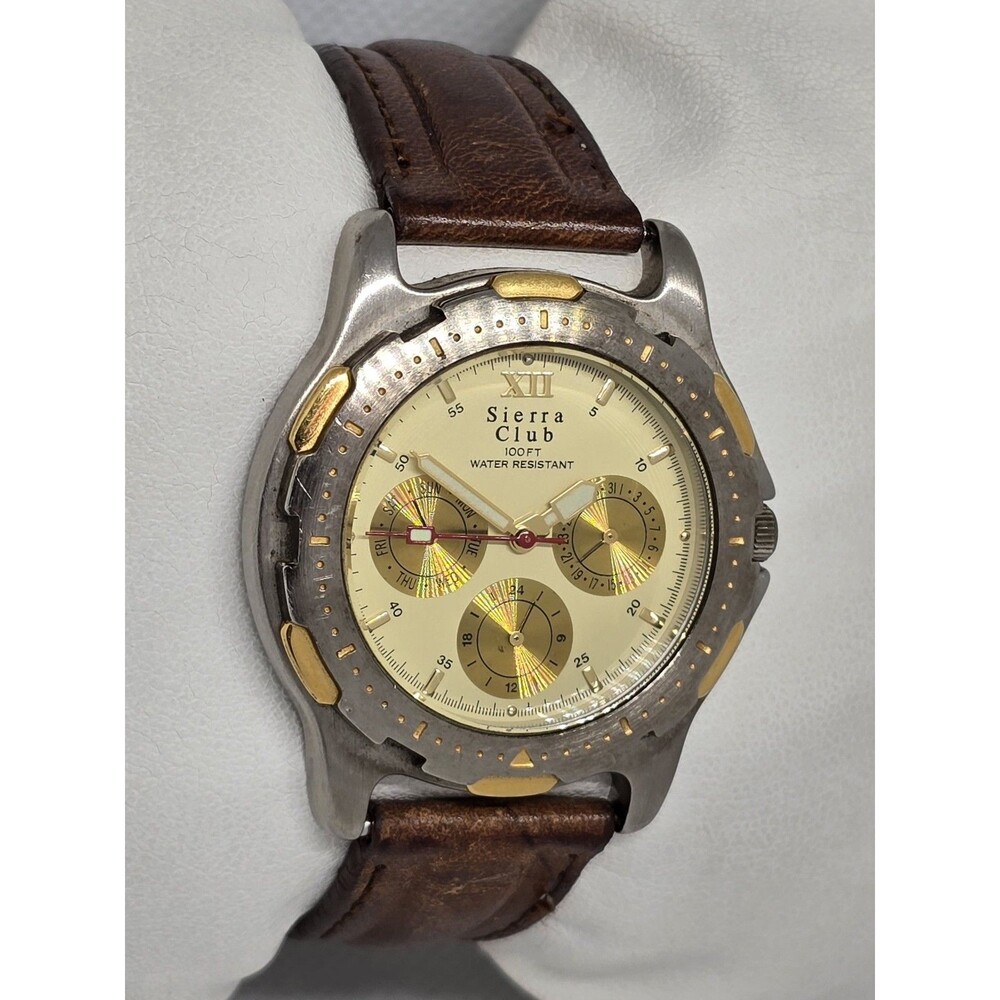Men's Sierra Club Classic 3 Eye Silver Gold Tone Case Brown Strap Watch 13 - Picture 3 of 10